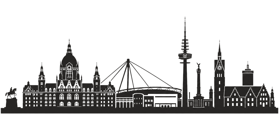 Stadtansicht von Hannover mit Neuem Rathaus, Marktkirche, Waterloosäule, Telemax und dem Expo-Dach