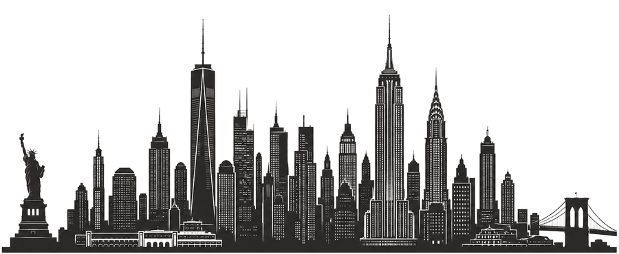 Stadtansicht von New York mit Freiheitsstatue, One World Trade Center, Empire State Building, Chrysler Building und der Brooklyn Bridge